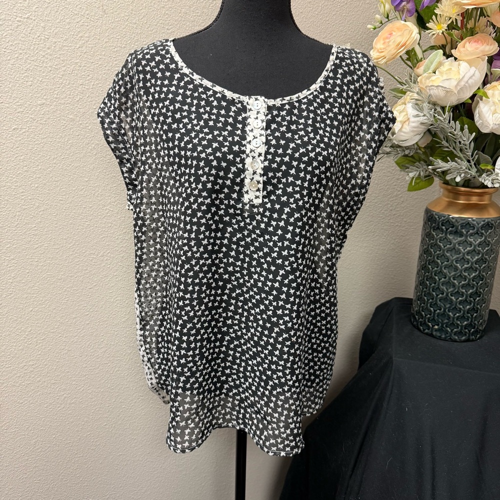 Daniel Rainn Black White Butterfly Print Sheer Blouse Medium | Spring Summer Top - Picture 1 of 8